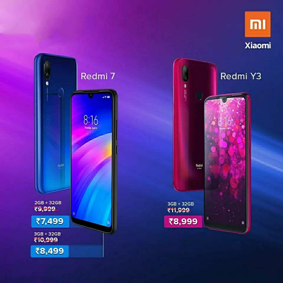 systech_it's tweet photo. Mi fans,

We've got great news..

#RedmiNote7S #48MPForEveryone now at just ₹9999

#RedmiY3
#32MPSuperSelfie now at just ₹8999

#Redmi7
#TheUltimateAllRounder now at just ₹7499

#RedmiNote7Pro (6+64GB) 
#48MPCameraBeast now at just ₹14999

Visit your nearest Mi Preferred https://t.co/LGNGtMmWCZ