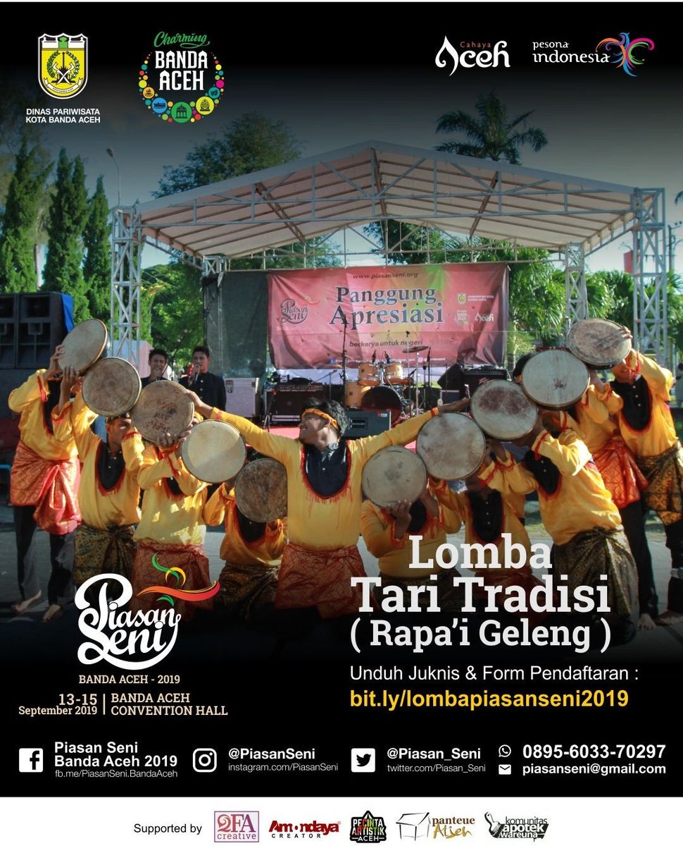 Lomba Tari Tradisi (Rapa'i Geleng)
Ayooo . . . Daftarkan Group kamu . . . Petunjuk Teknis dan Form Pendaftaran bisa di unduh pada link yang tertera di bio @piasanseni
LINK : bit.ly/lombapiasansen… 
Info Selengkapnya :
E-mail : piasanseni@gmail.com@piasanseni