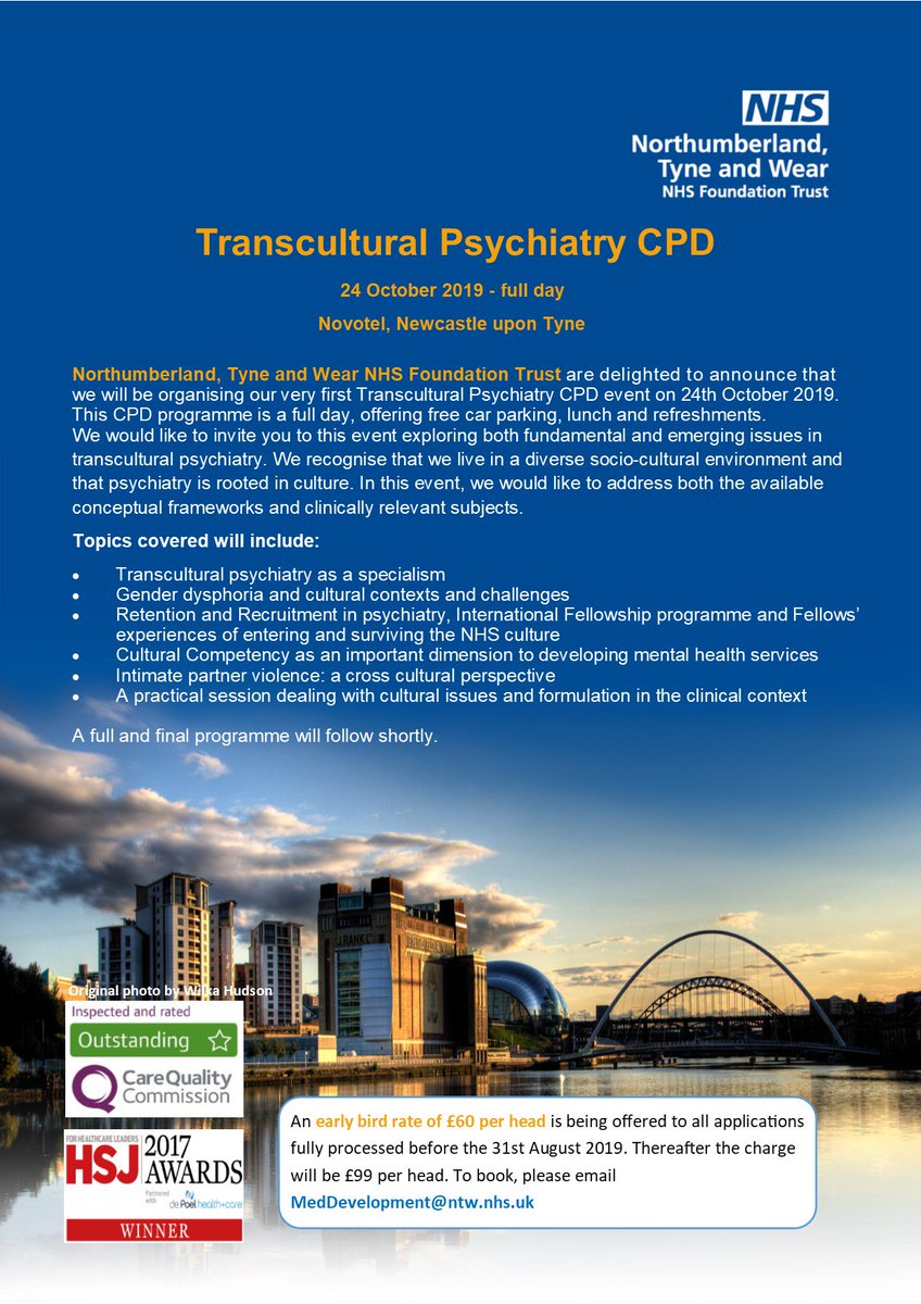 We are now taking bookings for our Transcultural Psychiatry CPD event on the 24th October 2019. 

Interested? Then contact us now to book you place or visit: eventbrite.co.uk/e/transcultura… to book your tickets.

#CPD #MedicalDevelopment #Events @NTWNHS