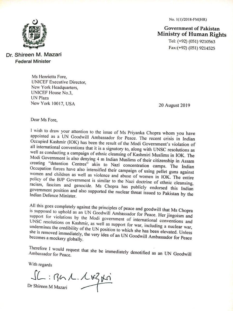 mohrpakistan's tweet photo. HR Minister Dr @ShireenMazari1 today wrote a letter to UNICEF chief to remove Priyanka Chopra as UN Goodwill Ambassador for Peace over her pro-war comments and support to BJP Govt policy of ethnic cleansing/racism/fascism/genocide
@UNICEF @UNHumanRights @pid_gov @appcsocialmedia https://t.co/owtnbjSfEX