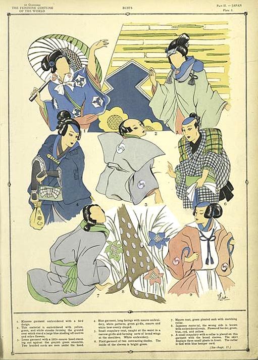 1926年出版の世界の女性の衣装本、日本のは「ちょっと違うかな」てとこもなんだか可愛いくてきれい。
月代を剃っちゃってる女性がやけに色っぽい。 