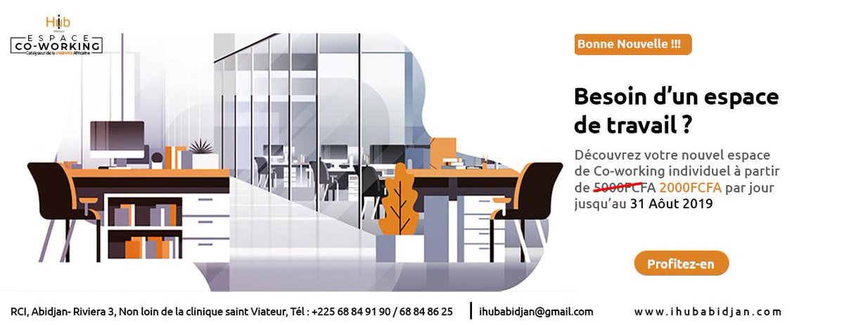 ImpactHubAbj's tweet photo. Cra cra BOOOOOOM !!!!!!

Incroyable mais vrai !
Jusqu’au 31 Août 2019, nos somptueux espaces de Co-working individuel à seulement #2000FCFA par Jour.

WI-FI inclus , impressions, fournitures de bureaux et boissons chaudes disponibles.

Plus d’infos sur https://t.co/ajkAXQQ7bi https://t.co/kGzDO8OIv5