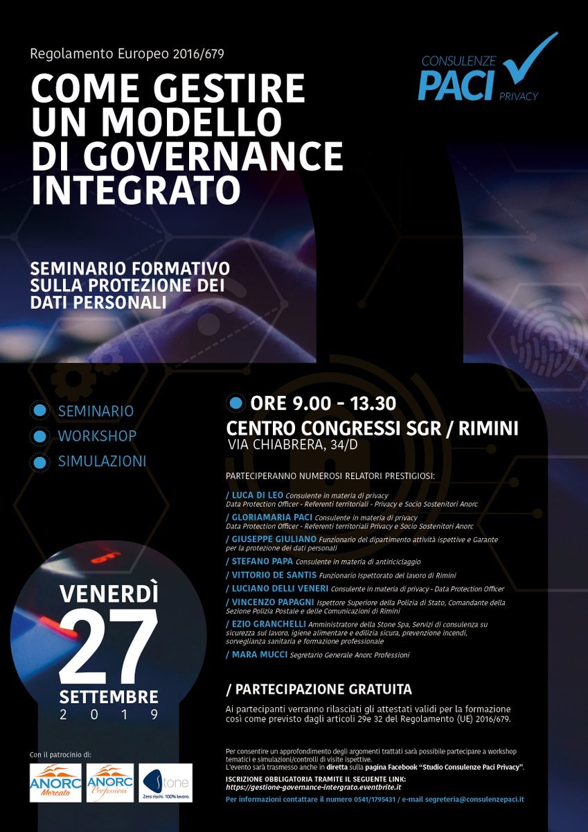 PaciStudio's tweet photo. Regolamento Europeo 2016/679
Come gestire un modello di governance integrato
#CyberSecurity #GDPR #Privacy #Rimini #Seminario #workshop #simulazioni #antiriciclaggio #Anorc #GarantePrivacy #sicurezza #formazione #controllolavoratori #Cyberbullismo #sanzioni https://t.co/XIx3qfdqXJ