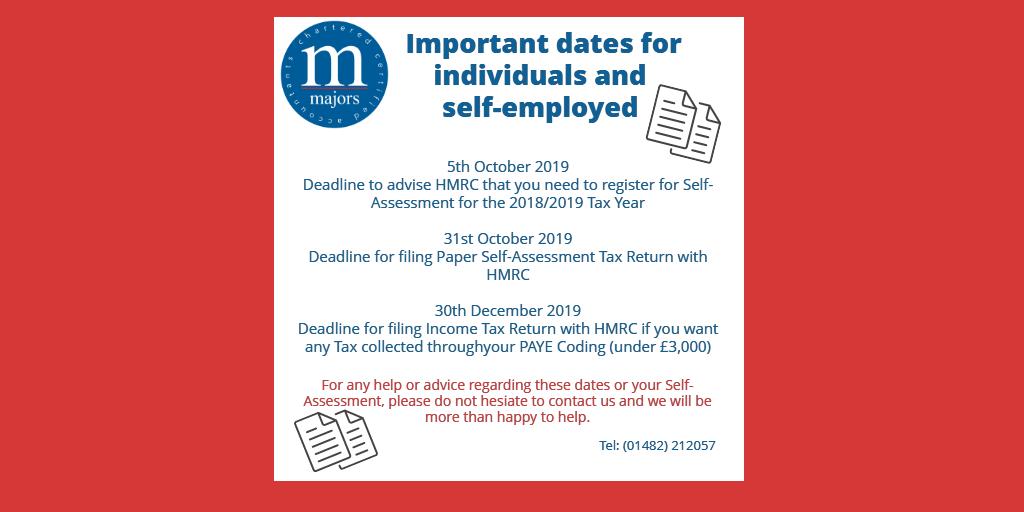 Put these in your Calendars - Important dates for Individuals and Self-employed!

As with any query you may have, please do not hesitate to get in touch with us 👍

#majors #selfassessment #accountingfortodayandtomorrow