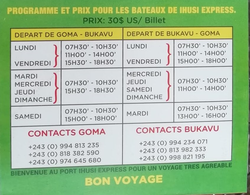 gomaguide's tweet photo. Boat schedule for Goma-Bukavu retour. https://t.co/47fsLZ826K