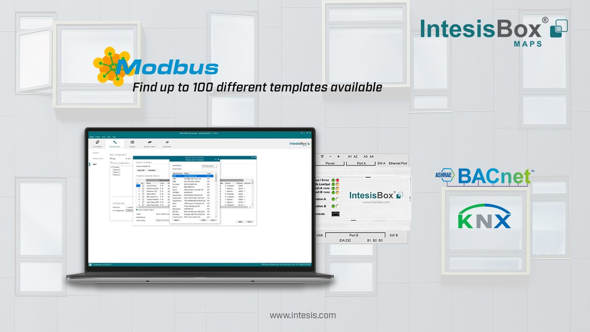 intesis's tweet photo. Make the integration job easier by using our Modbus templates included in IntesisBox MAPS software. https://t.co/gItzvk1TP0 Find up to 100 different templates available and ready to control and monitor any #Modbus devices into #BACnet or #KNX #BuildingIntegration #IntesisBoxMAPS https://t.co/a8oPHtYOkY