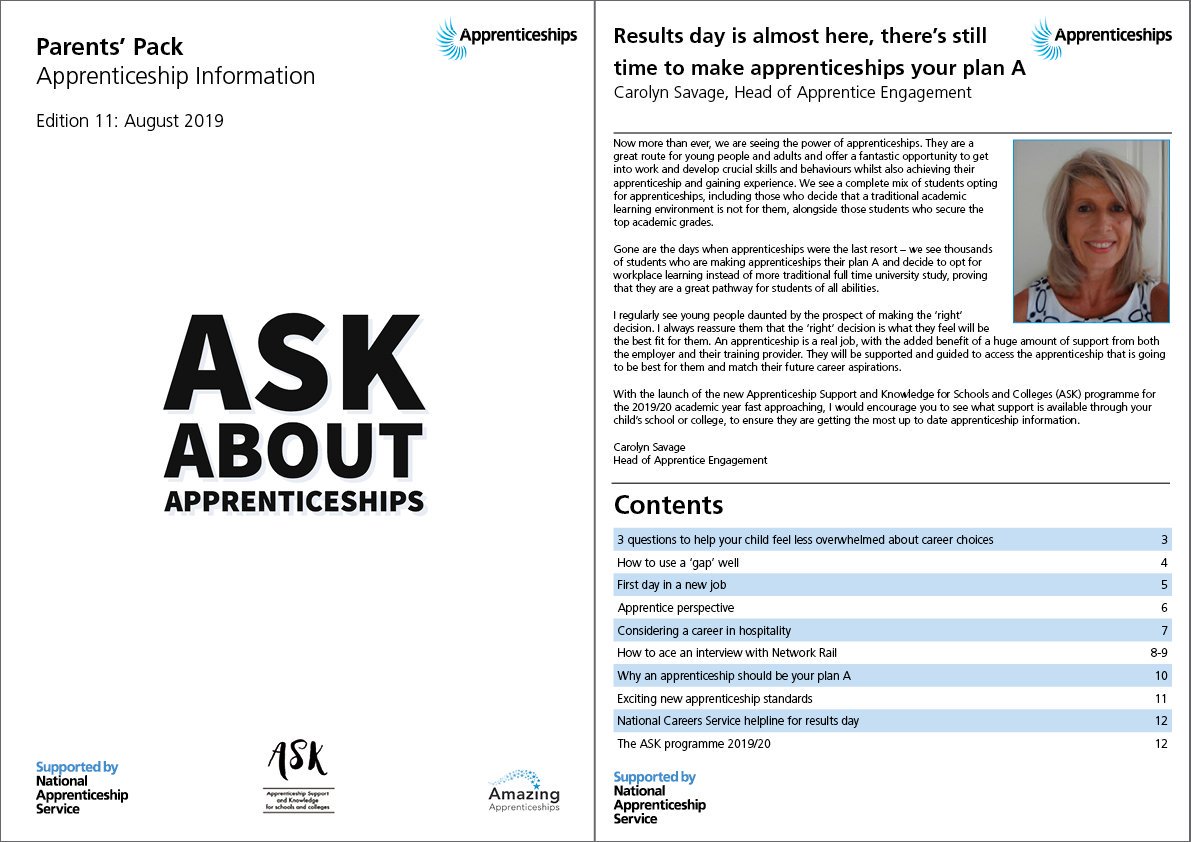 AmazingAppsUK's tweet photo. #ICYMI the August #apprenticeship Parents’ Pack includes ways to help your child feel less overwhelmed about career choices, how to use a break from studying, new job advice, interview tips with @networkrail, #resultsday help, new ASK programme and more! https://t.co/7tqfE23SDJ https://t.co/MBBz22Dz4d