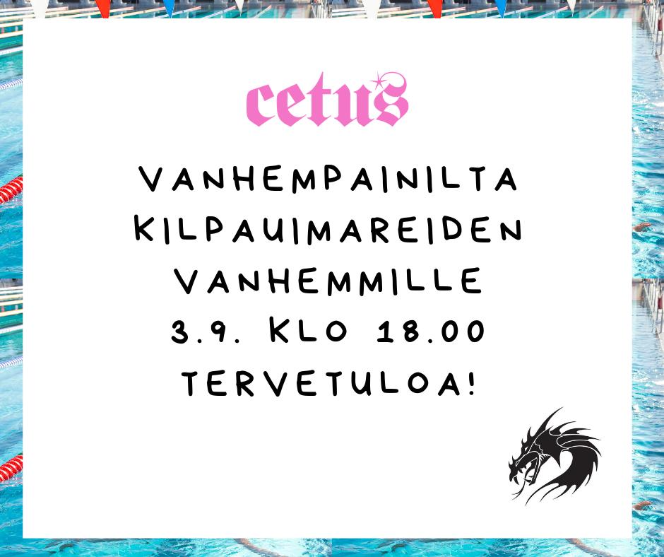 Cetuksen kilpauimareiden vanhemmat! Tervetuloa vanhempainiltaan tiistaina 3.9. klo 18.00. Kaivomestarin koulun auditorioon. Samalla tapaatte Cetuksen uuden valmennuspäällikön! bit.ly/2NlSX4X #tervetuloa #vanhempainilta #espooliikkuu #kilpauinti