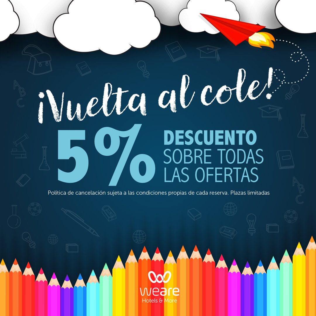 WeAreHotels's tweet photo. ¡Toca Volver!
Pero te lo vamos a poner muy fácil.
Para que tu "Vuelta al Cole" sea llevadera te regalamos un 5% de descuento adicional en todos nuestros productos.

@WeareChamartin
@WeareLaPaz

 #offer #sales #descuentos https://t.co/EUtPMvRC92
