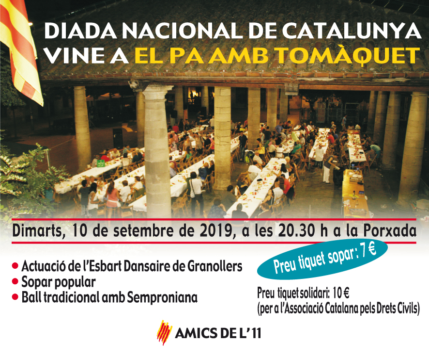 sempronianaFolk's tweet photo. Dimarts 10/9/19 amb @sempronianaFolk farem #BallFolk pel #PaAmbTomàquet de la #Diada #11S #Gratis
20h30 Actuació de l'@esbartgra. Després sopar (7€ i 10€), i havent sopat, #BallFolk amb @sempronianaFolk   
Amb @andreu_cm, @Sarandaca, @Ggrejo i Ritxi.
 @cerclefolk @ACDretsCivils https://t.co/al5i0JALI2