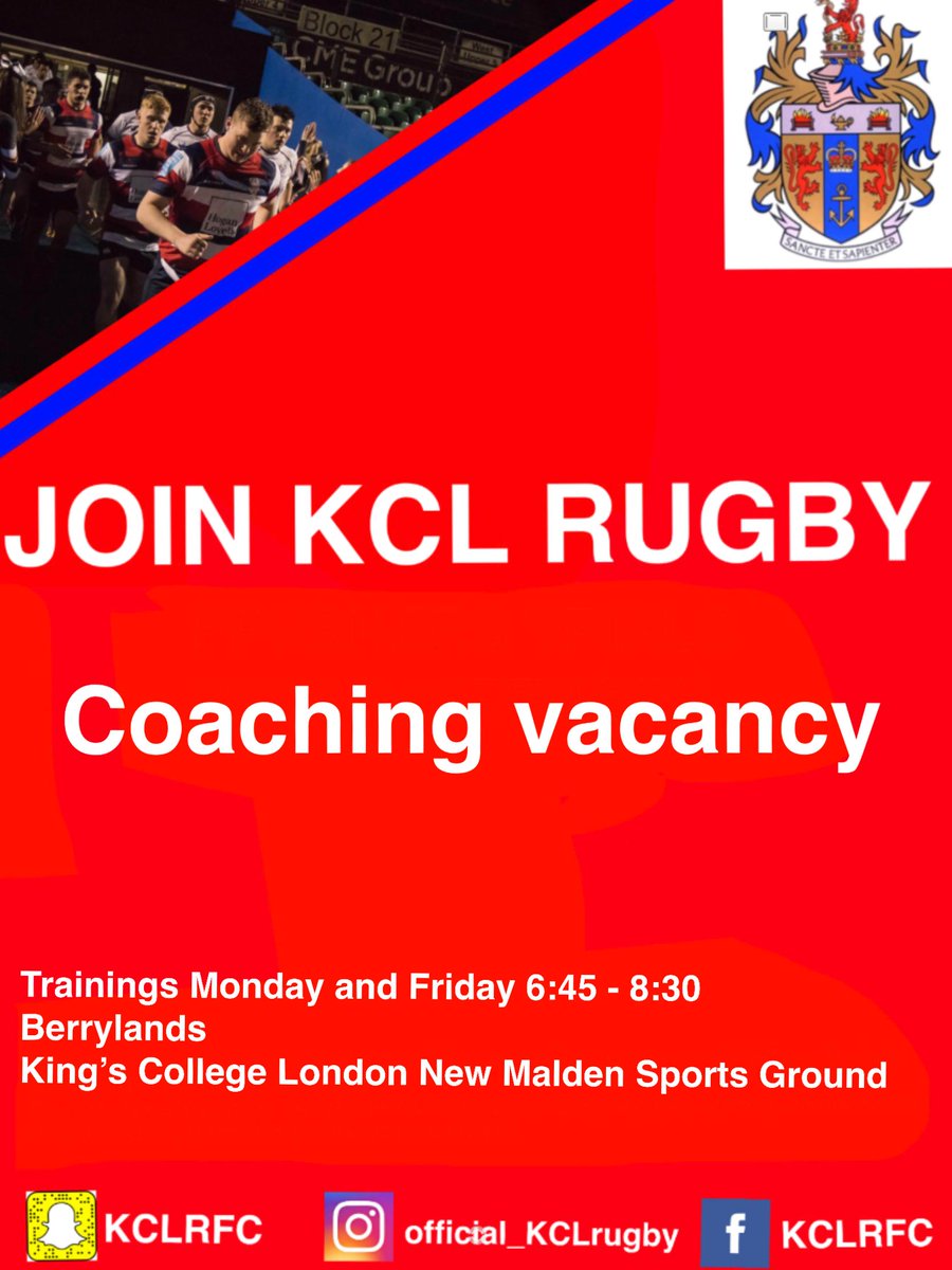 We are currently on the lookout for a new member of the coaching team (preferably a backs coach). Key information is in the flyer below, if interested please contact:

Sam Grasby (Captain)- samuel.grasby@kcl.ac.uk
Henry Thomas (President)- henry.thomas@kcl.ac.uk