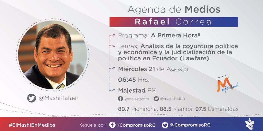 RC5Oficial's tweet photo. #FelizMiércoles | Recuerda, hoy, a las 06:45, nuestro compañero @MashiRafael en el programa @aprimerahora_ec de @majestadfm.
¡No te pierdas!

Síguela en nuestras redes y en las frecuencias:
• 📻 89.7 FM Pichincha
• 📻 88.5 FM Manabí
• 📻 97.5 FM Esmeraldas

#ElMashiEnMedios https://t.co/hGpSq68xDp