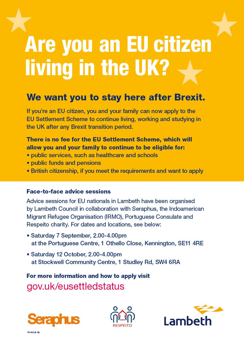 FcorreiaSefzick's tweet photo. Information sessions on settled status. No registration needed. Just turn up on the day. @LPWPartnership @IRMOLondon @Respeito_UK @Bizwomenuk @Stockwell_Pship @Lusa_noticias @Porta_Lusa @st_stephens_cc @WyvilPrimary 
Thanks to @LambethSE for organising. 
#BrexitInformationSession https://t.co/dOu9CSGnRT