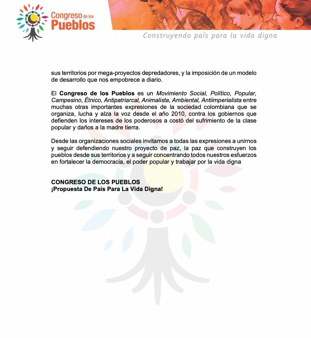 RT AndresEliasGil: Desde ANZORC_OFICIAL rechazamos la criminalización y señalamientos contra el C_Pueblos, también enviamos un mensaje de solidaridad con sus bases sociales y sus dirigentes.