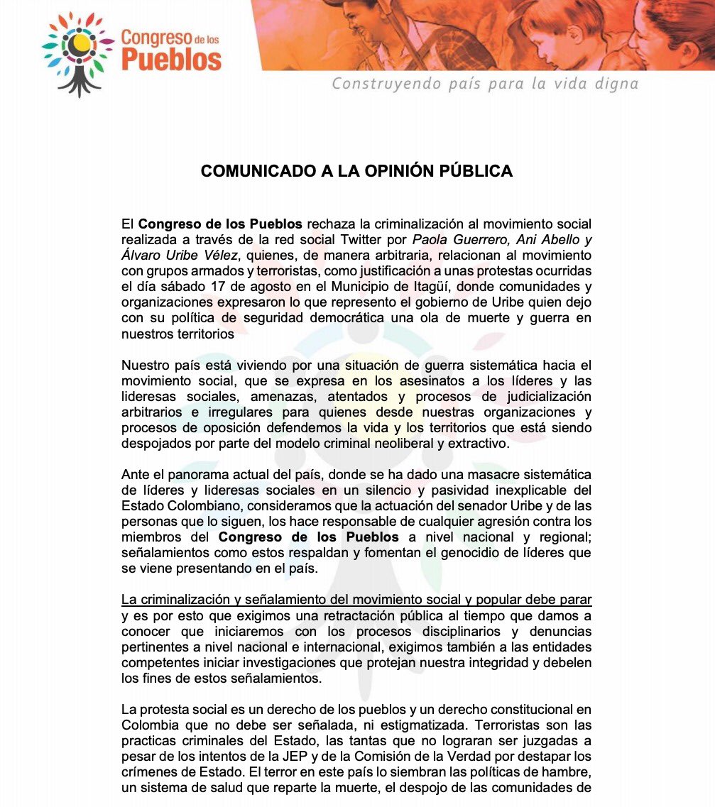 RestitucionC's tweet photo. RT AndresEliasGil: Desde ANZORC_OFICIAL rechazamos la criminalización y señalamientos contra el C_Pueblos, también enviamos un mensaje de solidaridad con sus bases sociales y sus dirigentes. https://t.co/QYxe7P3gN3