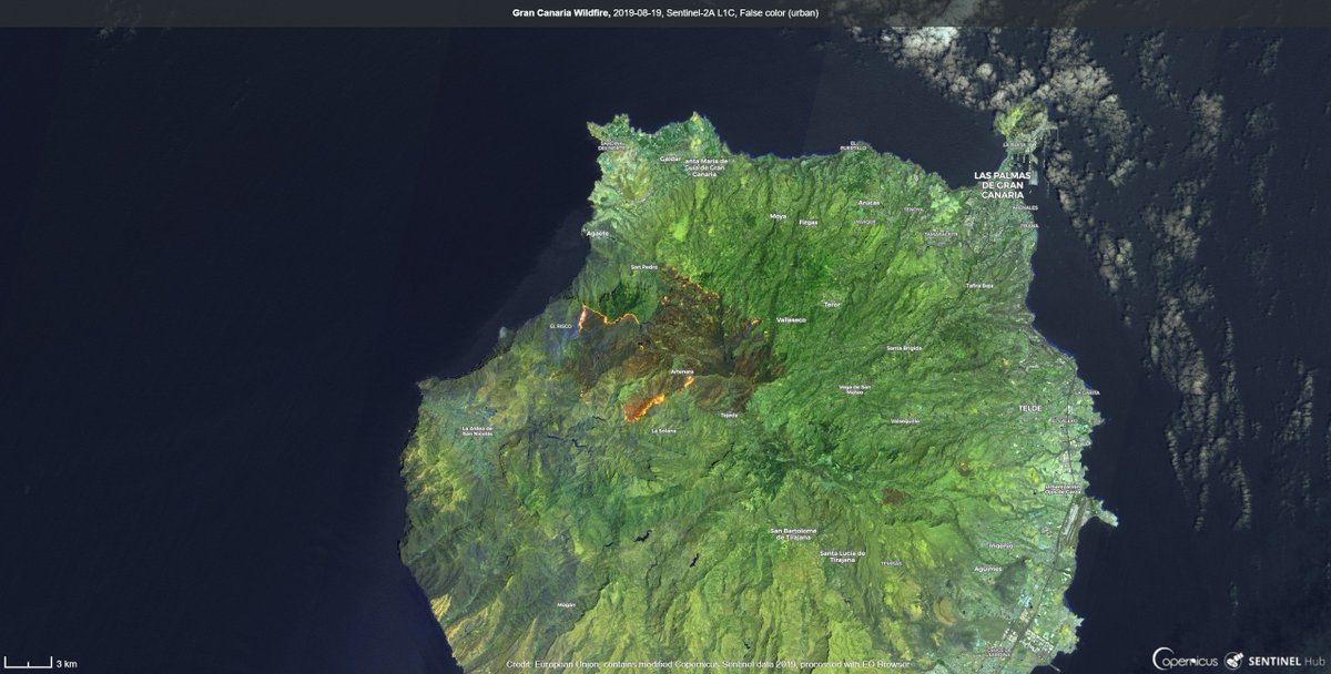 sentinel_hub's tweet photo. 🔴 You heard about the #wildfires🔥 on Gran Canaria, #Spain🇪🇸, and want to take a look yourself? Well, that's easy, try the Sentinel Hub #EOBrowser here and start exploring ➡️ https://t.co/vg0ZHhQfcM #RemoteSensing #IFGrancCanaria #OpenData https://t.co/QXHsZOY2f4