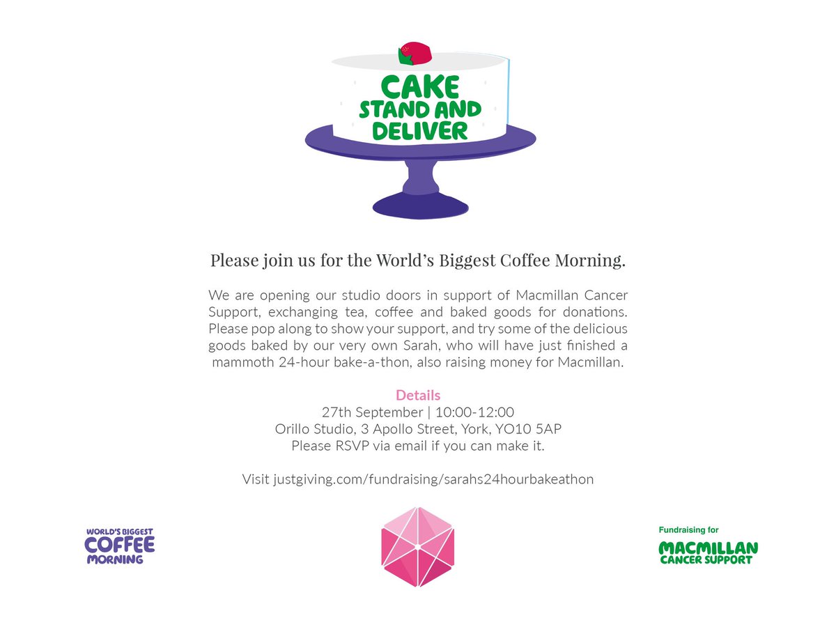 Join us on the morning of 27th of September between 10-12am for cake and coffee morning! We’ll be staying up all night doing a 24 hour bake-a-thon all for a good cause courtesy of <a href="/macmillancancer/">Macmillan Cancer Support</a> #CoffeeMorning #Macmillan #Orillo