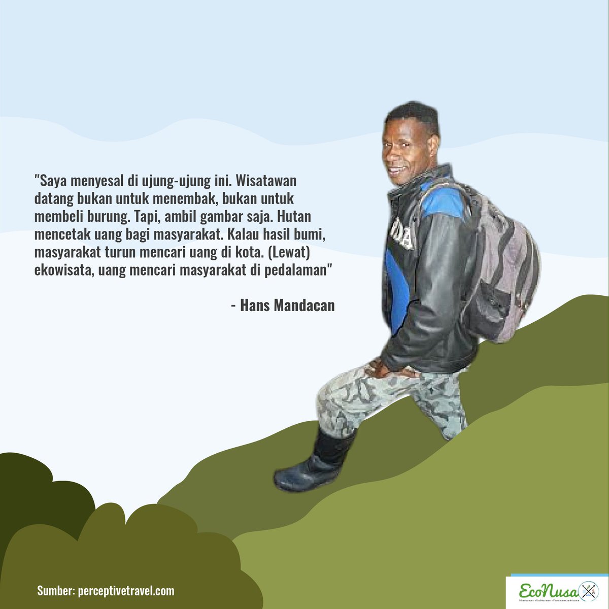 econusa_id's tweet photo. Sekarang Hans Mandacan termasuk salah satu pelaku ekowisata, loh. Ia sangat memahami keberadaan hutan dan biodiversitas di dalamnya
#econusa #papua #papuabarat #beradat #jagahutan #papuaberdaya #hutan #forest #ecotourism #bird #birdwatching #culture #human #nature https://t.co/iopIdQYfY2