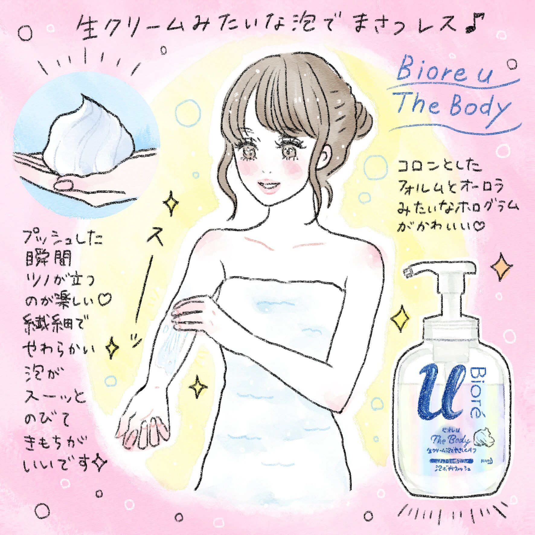 水島 尚美 イラストレーター ビオレuザ ボディを頂きprイラストを描きました ほんものの生クリームみたいな泡がでてきてびっくりです 楽しくてついプッシュをしてしまいます T Co 8uykzzvsyr Twitter