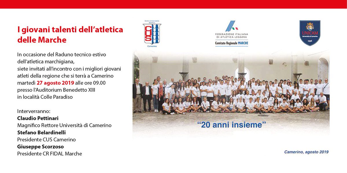 UniCamerino's tweet photo. I #giovanitalenti dell’#atletica delle #Marche ad #Unicam, in occasione del Raduno tecnico estivo
dell’atletica marchigiana, organizzato con successo da venti anni dal #CusCamerino e dalla @FidalMarche 
Martedì #27agosto 2019 alle ore 09.00 presso l’Auditorium Benedetto XIII. https://t.co/YjkMRAWAzx