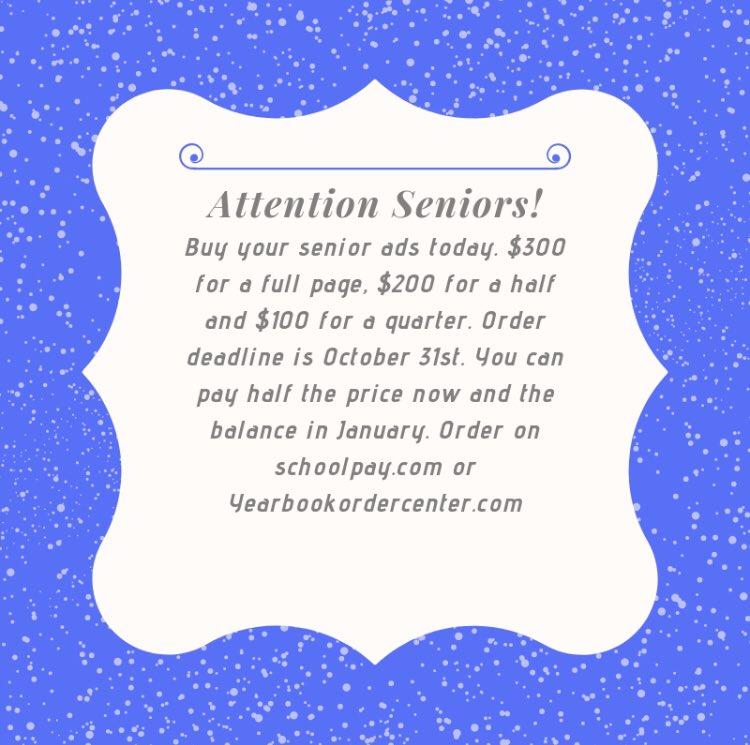 apkyearbook's tweet photo. Seniors MUST read! Order your senior ad today before we run out of space! $300 for a full page, $200 for a half and $100 for a quarter. You can pay in full by October 31st OR half by October 31st and the balance by January. https://t.co/BHS7dzE3Rh