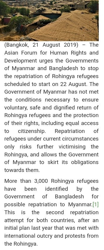 Asian Forum for Human Rights and Development urges the Governments of Myanmar and Bangladesh to stop the repatriation of #Rohingya refugees scheduled to start on 22 August.
#GenocideRohingya,#CrimesAgainsthumanity and #WarCrimesAgainst #Ethnicminorities
forum-asia.org/?p=29587