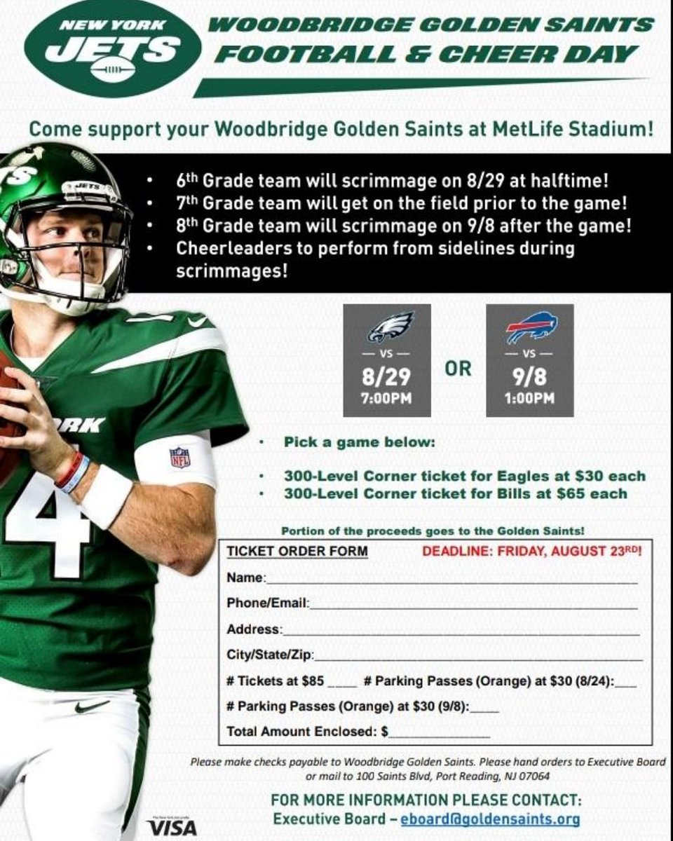 WGSaints's tweet photo. Come out to support and join our Golden Saints as they take the field at MetLife Stadium on 8/29 &amp; 9/8 at some point during both game days! 

The Deadline to purchase Tickets is this Friday, August 23rd and it's quickly approaching! 
 eboard@goldensaints.org with any questions! https://t.co/TUuoxGdyY4