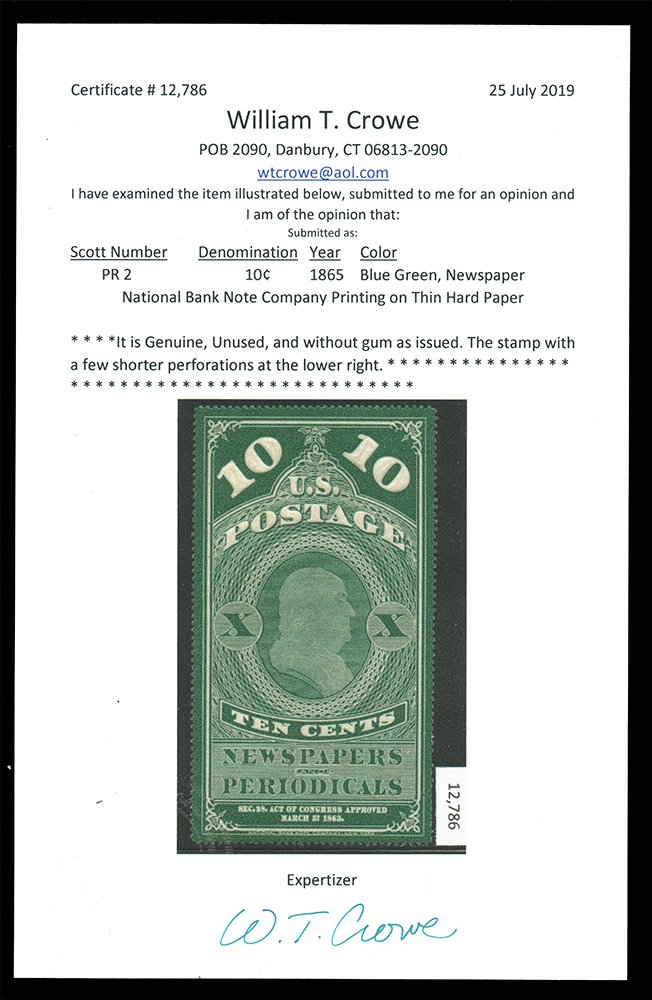 ParadiseVStamp's tweet photo. In our #F505 Sale! Open now, Ends Aug.23rd 1pm EDT
1865. 10c BLUE GREEN NEWSPAPER UNUSED, #PR2, without gum as issued, few short perfs, very fine, with William T. Crowe cert., cat. $300.00
#Stamps #timbres #sellos #briefmarken #francobolli
https://t.co/IzvgJB12TG https://t.co/G5FpZuIhBM