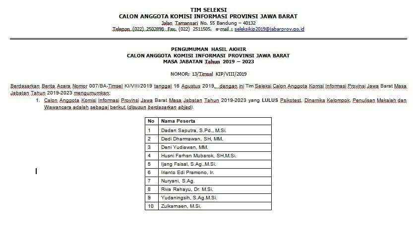PRFMnews's tweet photo. PENGUMUMAN HASIL AKHIR CALON ANGGOTA KOMISI INFORMASI PROVINSI JAWA BARAT MASA JABATAN Tahun 2019 – 2023
#KIP2019 #diskominfojabar #AdvPRFMAgustus https://t.co/0NRkYgwUX9