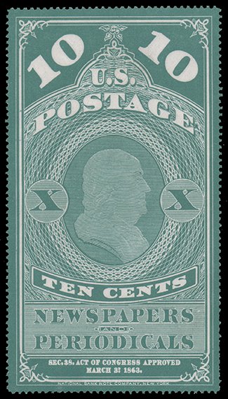 ParadiseVStamp's tweet photo. In our #F505 Sale! Open now, Ends Aug.23rd 1pm EDT
1865. 10c BLUE GREEN NEWSPAPER UNUSED, #PR2, without gum as issued, few short perfs, very fine, with William T. Crowe cert., cat. $300.00
#Stamps #timbres #sellos #briefmarken #francobolli
https://t.co/IzvgJB12TG https://t.co/G5FpZuIhBM