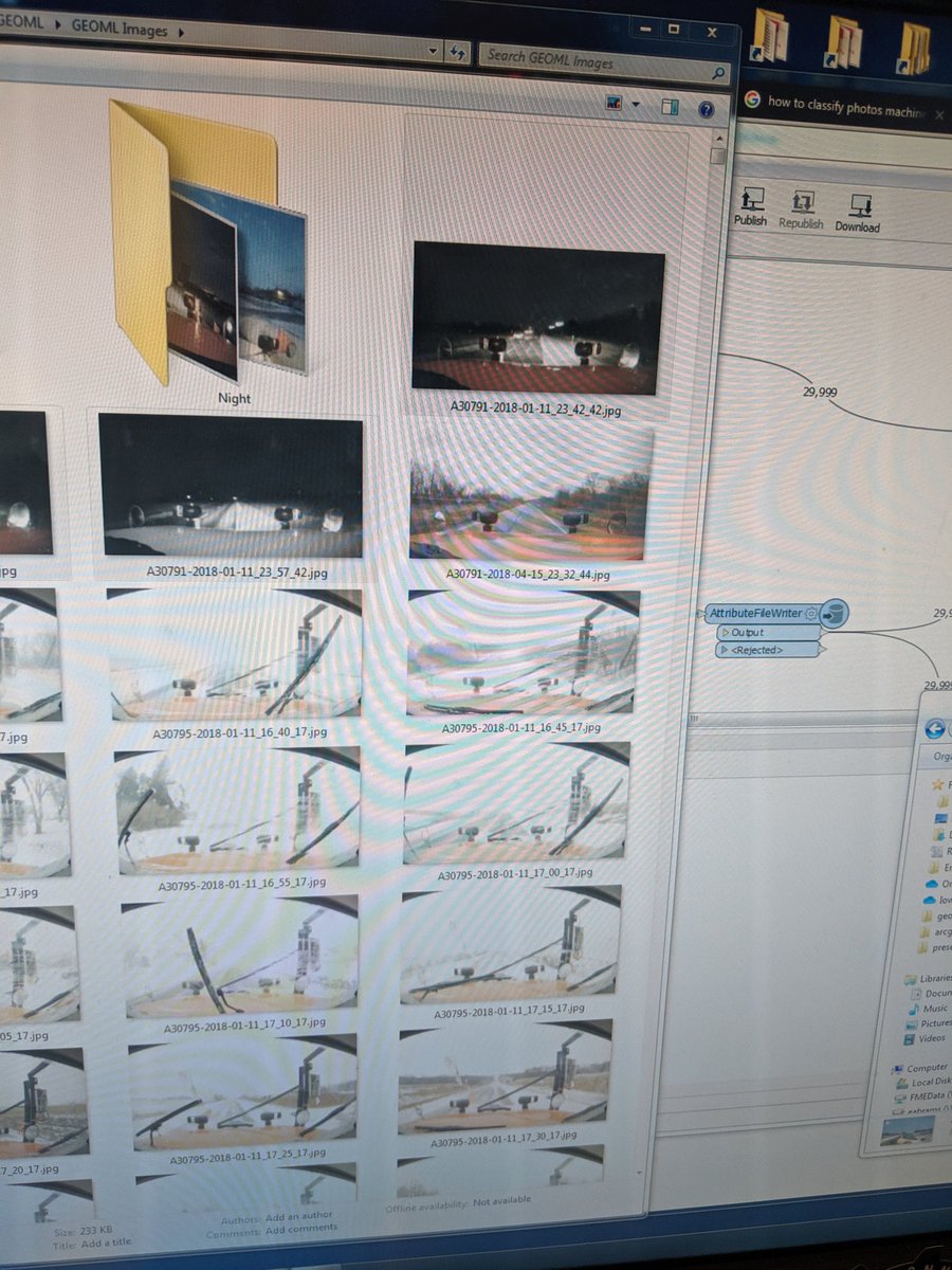EricAbramsGIS's tweet photo. Not winter yet, used #fme to pull 30,000 images from our cloud storage (4 days worth).  Separating out to day and night, then will thin to get a set of images to classify. Use images to get a winter road conditions. #friendsofthebasement #MachineLearning https://t.co/dXSiFxntEM