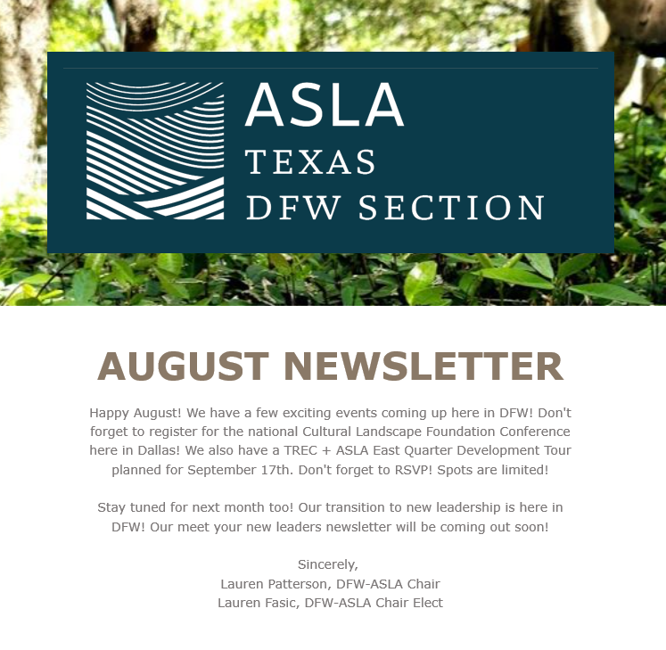 DFWASLA's tweet photo. DFW ASLA | August Newsletter - https://t.co/NDat3NeP6q
#DFWASLA #TEXASASLA @TEXASASLA #ASLA https://t.co/RIEsfN1UqG
