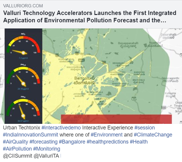 ValluriTA's tweet photo. Urban Techtonix #interactivedemo Interactive Experience #session #IndiaInnovationSummit where one of #Environment and #ClimateChange #AirQuality #forecasting #Bangalore #healthpredictions #Health #AirPollution #Monitoring @CIISummit @ValluriTA https://t.co/fIa3ywO5hP https://t.co/CQTKNXLS2m