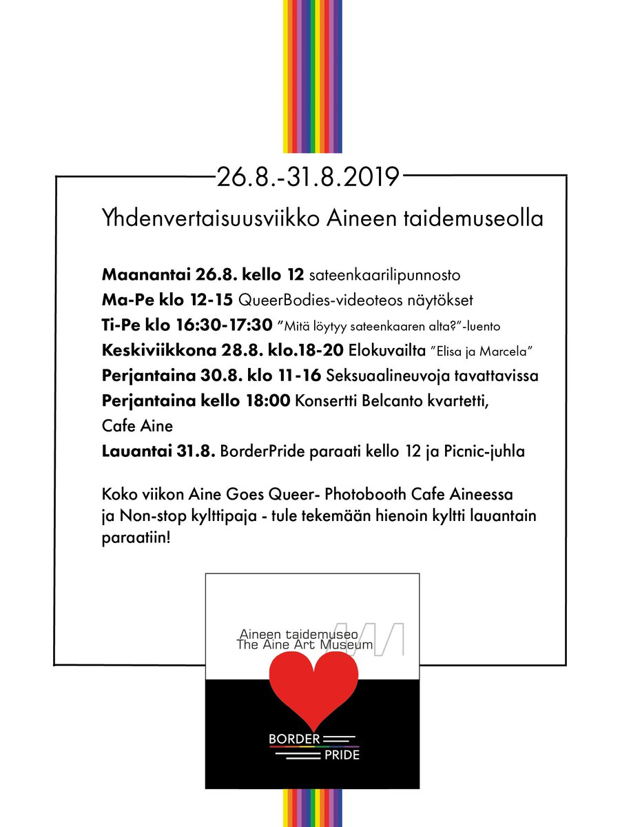 Aineentaidemuse's tweet photo. Yhdenvertaisuusviikko ja BorderPride Aineen taidemuseolla jälleen ensi viikolla! #rajatonrakkaus #borderpride #borderlesslove #tornio #torniohaparanda https://t.co/GhzL7EzwCL