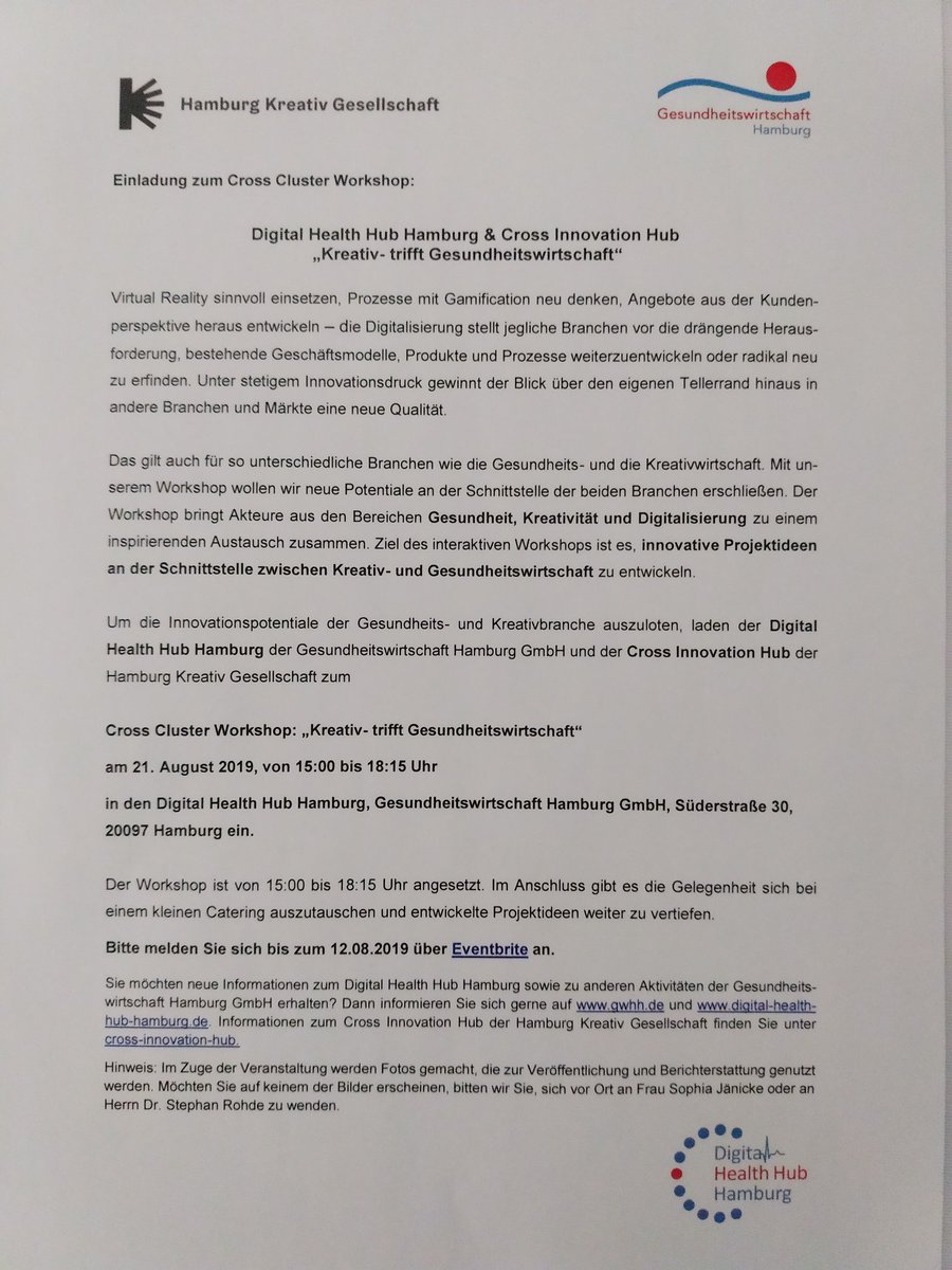 Stephan__Rohde's tweet photo. Gleich geht's los! Der Digital Health Hub Hamburg #DHHH der Gesundheitswirtschaft Hamburg #GWHH und der #crossinnovationhub der @HamburgKreativ freuen sich auf die Teilnehmerinnen und Teilnehmer des heutigen Cross Cluster Workshops. #crossinnovation #crosscluster https://t.co/XJMBrjHgG2