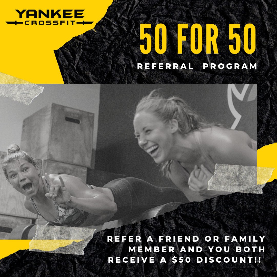 YankeeCrossFit's tweet photo. Do you know about our referral program? If you're a current member and you refer someone to us, you both get a $50 discount if he/she signs up.

Let your friends and family know that we can help them reach their goals! https://t.co/MGVK4q2b6J