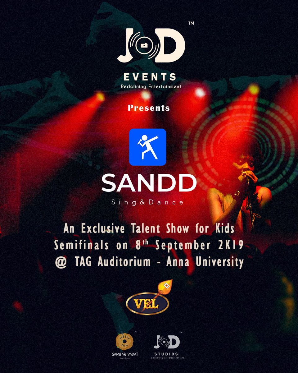 SambarVadai2k17's tweet photo. We would like to welcome Vel TV onboard as a media partner for SANDD 2K19..

#VEL_TV #JOD_Studios #JOD_Events #Sambar_Vadai
#KidsTalentShow #SANDD2K19  #SANDD #Event_Diaries #Kaalam #Kavin #BiggBossTamil3 https://t.co/clOET1xsBY