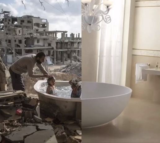 Turkish photographer  Uğur Gallenkuş portrays two different worlds ....  within a single image.  Combining a pair of side - by - side photographs — one of the Western world and the other of the Middle East.