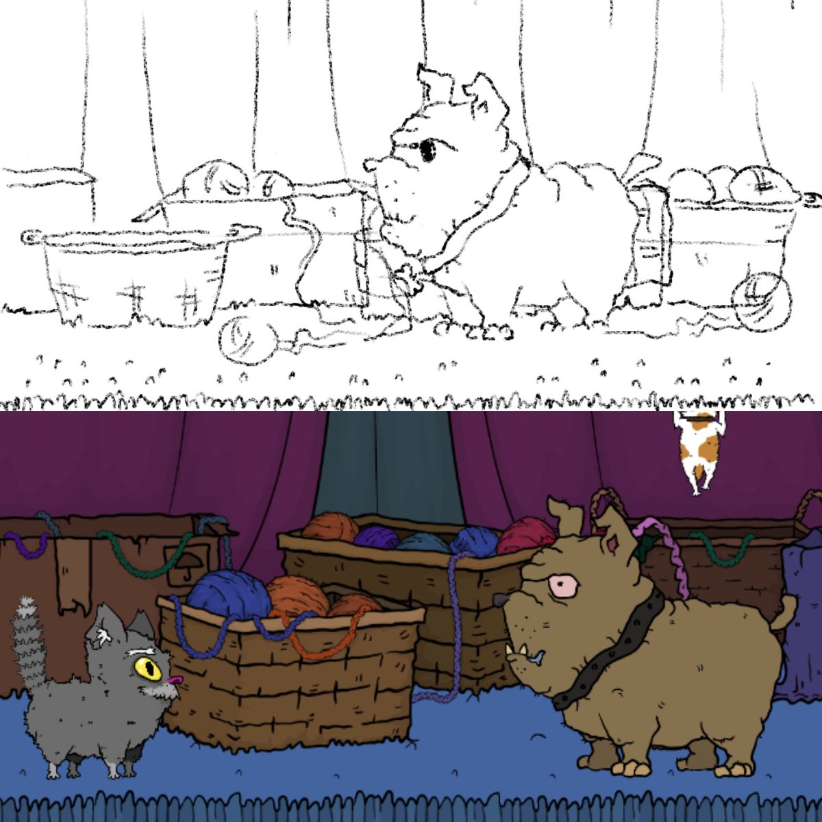 a42games's tweet photo. Darling kitties!๐ปToday we are showing how we make art for one of the room of that mysterious castle๐ป, where the game runs โ from sketch๐ฃ to final version๐. Which pic do you like more?๐ธ
#a42games #catpow #gamedev #indiedev #madewithunity #cat #cartoon #sketch #art https://t.co/FqOFiYLHDf