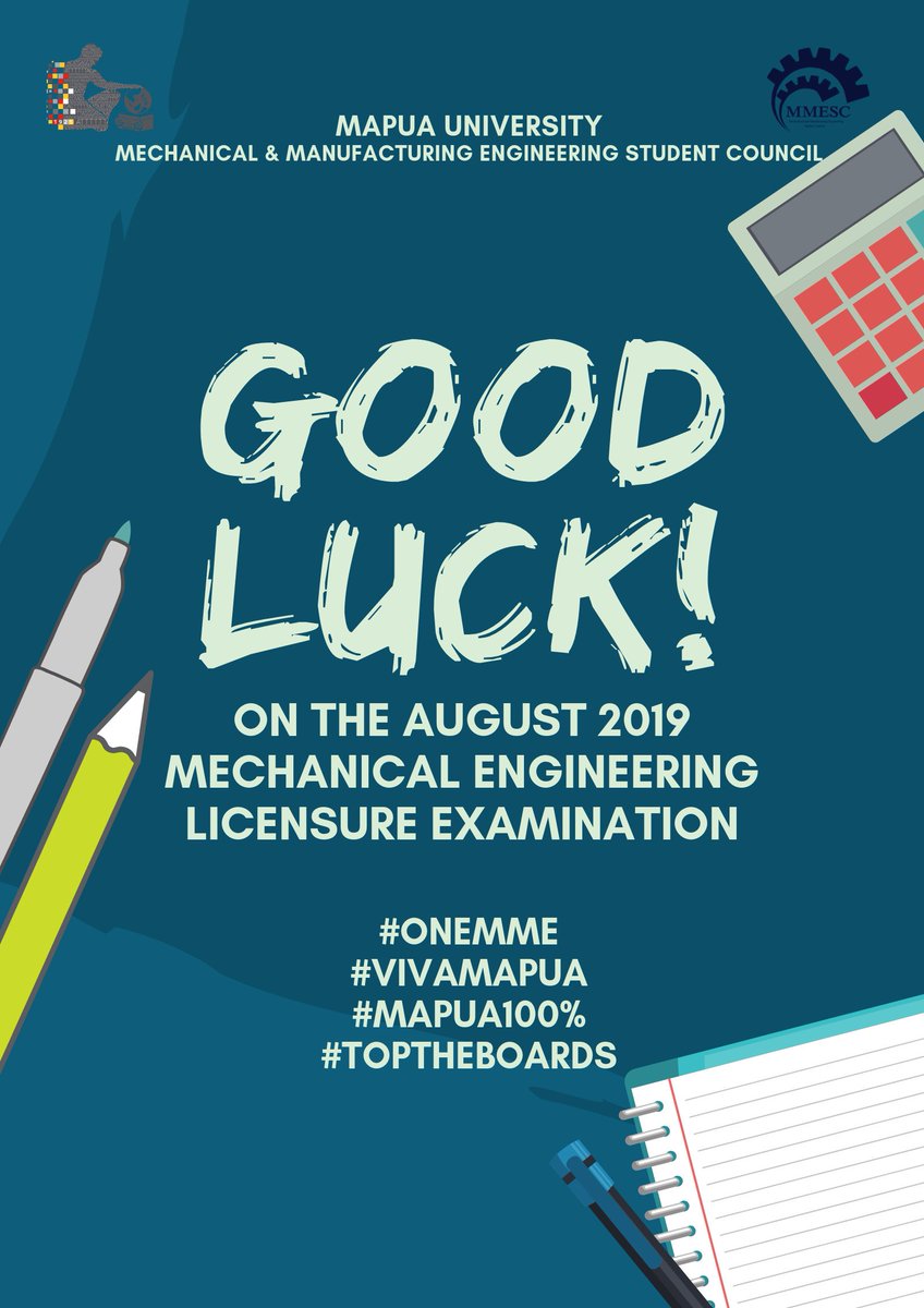 MAPUA_MMESC's tweet photo. The Mechanical and Manufacturing Engineering Student Council wishes all the Mapúan graduates who will take their licensure exam this August an excellent result! The MME Department believes in you 💙💙💙
#OneMME
#VivaMapua
#Mapua100%
#TopTheBoards https://t.co/SzXRB5gySd