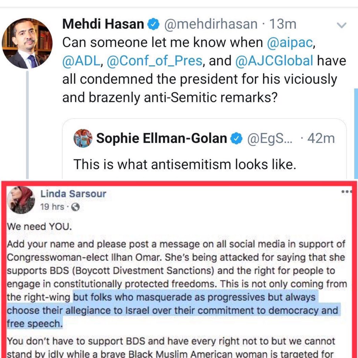 HenMazzig's tweet photo. Can someone let me know when @mehdirhasan, @egsophie, @ifnotnoworg and the others have all condemned the congresswoman and their beloved “grassroots” activist for their antisemitic remarks? https://t.co/0K36R25pVt