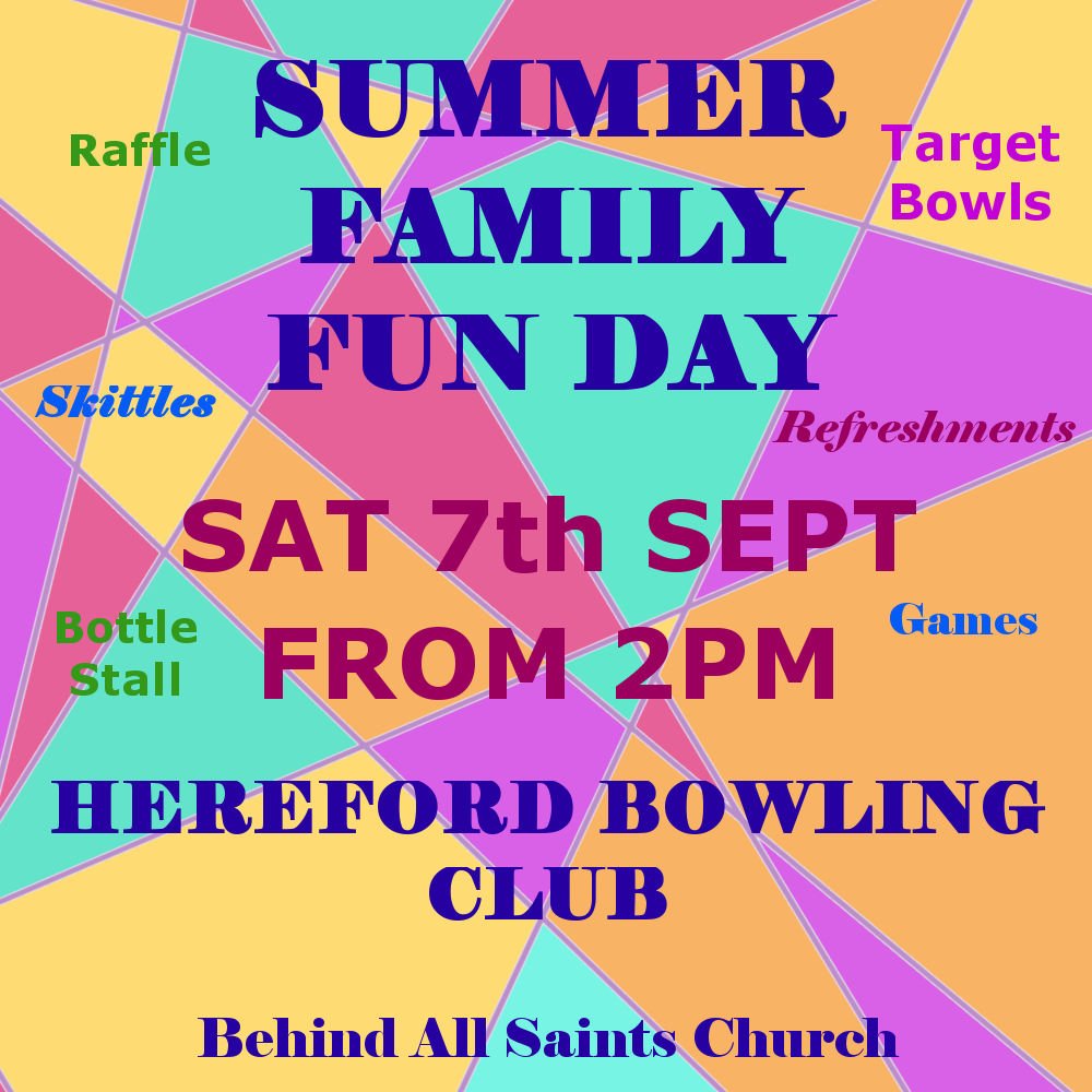HerefordBowls's tweet photo. EVENT | Fun activities for all ages at our city centre club! Outdoor games, stalls, cakes, refreshments & raffle with lots of prizes. You can also #trybowls with easy games. #Hereford #Herefordshire #marcheshour #playbowls #activehere #herefordevents #herefordhour https://t.co/ShktE91uIS