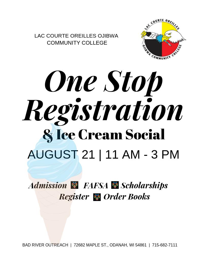 #BadRiverOutreach has their #OneStopRegistation  #IceCream social & #LunchAndLearn events going on TODAY! Stop by to get registered for #Fall2019 classes, and see some of the things that  #LCOCollege has to offer
#Certificates #Associates #Bachelors https://t.co/6QVZyYrg9g
