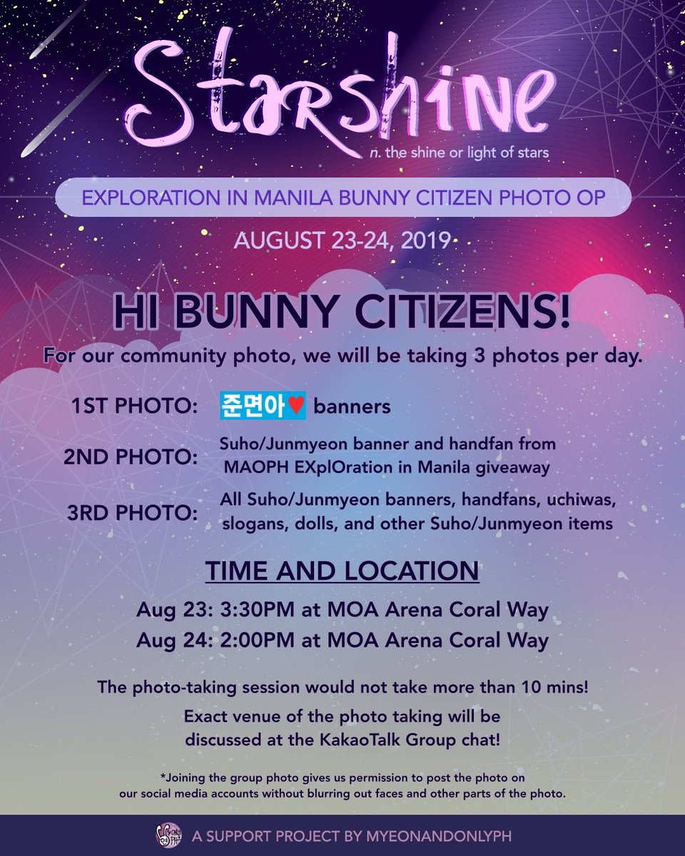 myeonandonlyph's tweet photo. 🌟 STARSHINE 🌟

Bunny Citizens! 🐰
📸 Community photo details for both Day 1 and Day 2 are out! Please be guided. 🙋‍♀️

For faster communication, please join the KKT gc: https://t.co/9SVYVjxPC8 

See you! 🥳
#EXplOrationinManila #KJMStarshine https://t.co/cQEwITSp3L