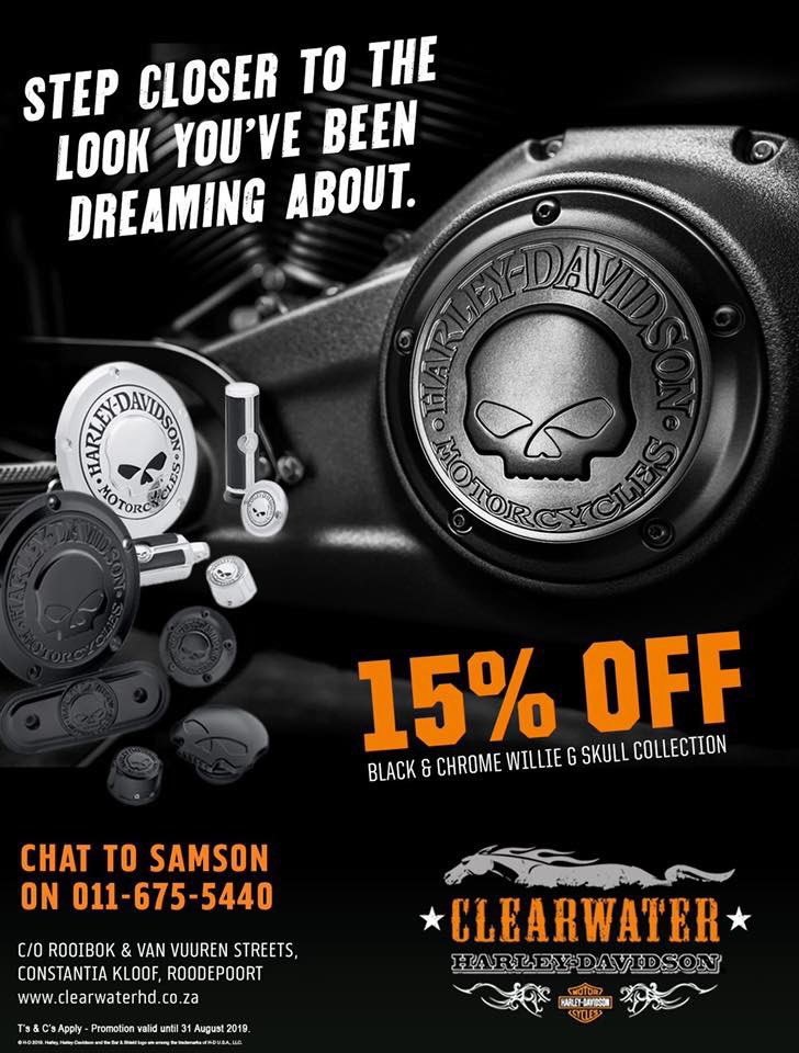 Step closer to the look you’ve been dreaming about... Get 15% OFF Chrome and Black Willie G Skull Collection from Clearwater Harley-Davidson in the month of August.