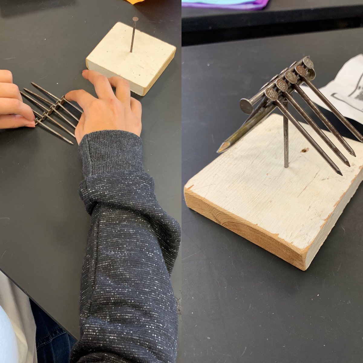 Practicing persistence with the nail challenge. What are your favorite activities that help students learn from failure? #teacherlife #STEMeducation #AISDGameChangers #AISDProud @BMSBears