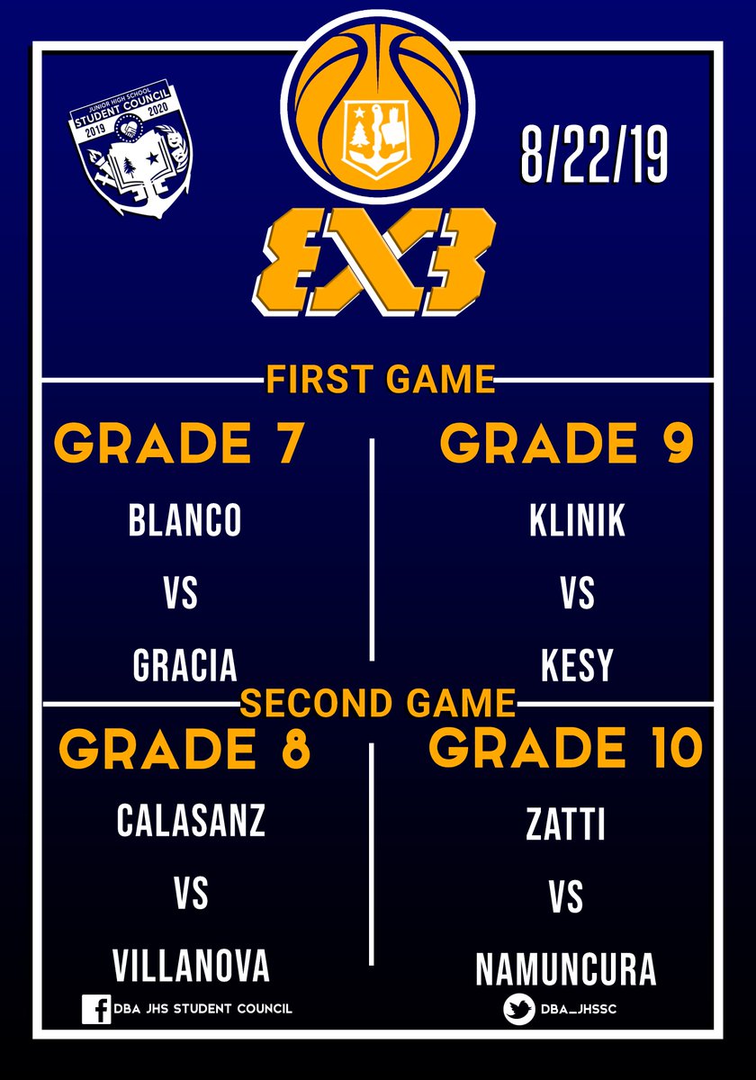 DBA_JHSSC's tweet photo. These are the following games for the annual 3x3 tournament, wear proper sports attire. Good luck and may the best team win!🏆 https://t.co/aT8VlC09Fh