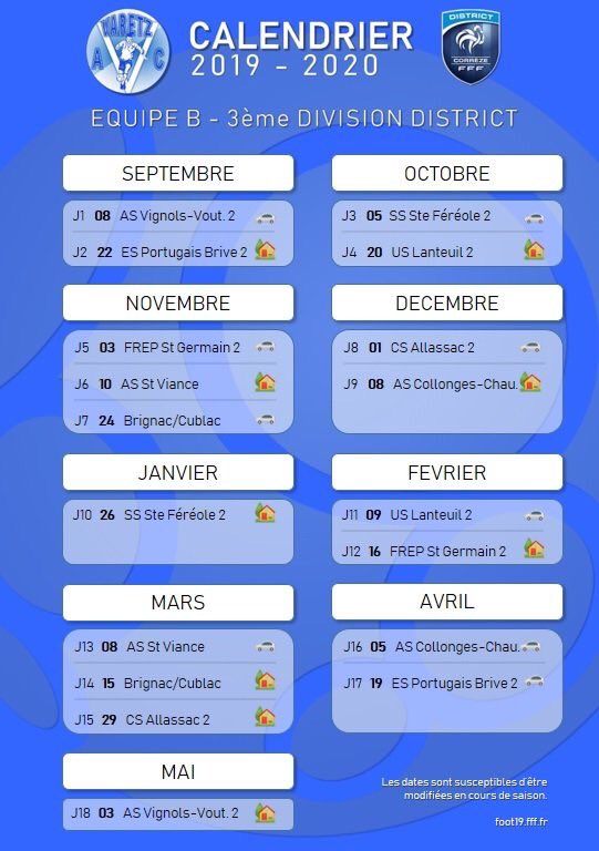 VaretzAC's tweet photo. 📅 Calendrier D3 2019/2020
⚽️ Équipe B
🔵⚪️ ALLEZ LE VAC 💙
#vac #varetz #soccer #football #ParPassionDuFoot #ParAmourDuClub https://t.co/JxuccYZS87