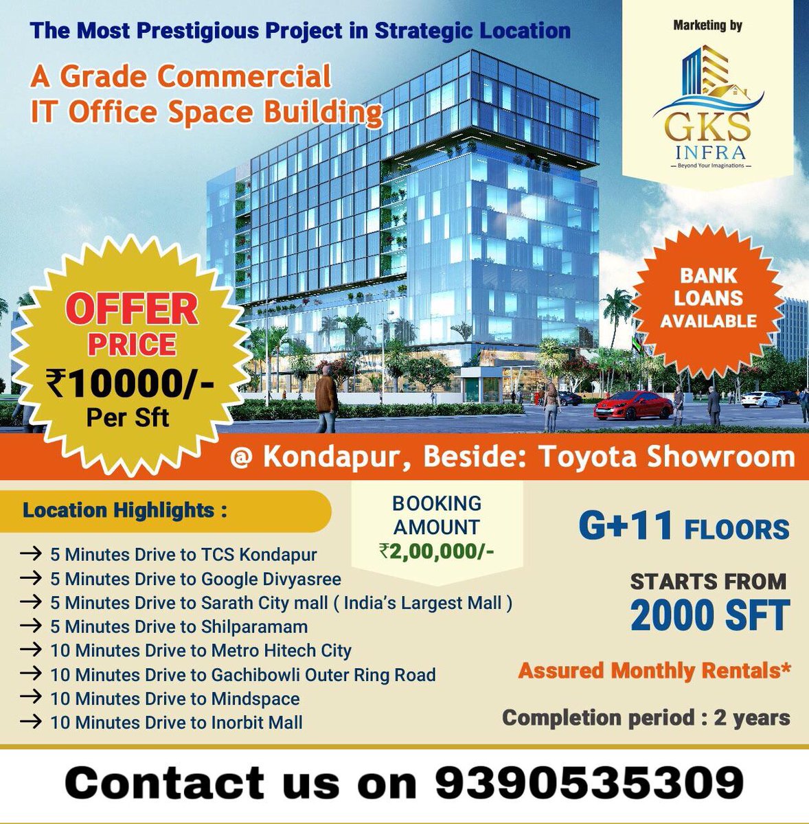 PimIndia's tweet photo. Commercial space for sale at most prestigious project in kondapur beside Toyota show room.A grade commercial IT office space Building at strategic location. G+11 floors 
5mints To Google, Yes and hi-tech city. 10 mints To Ikea, mindspace, inorbitmall. 
Booking at 200000 only https://t.co/CpCRACK3Ad