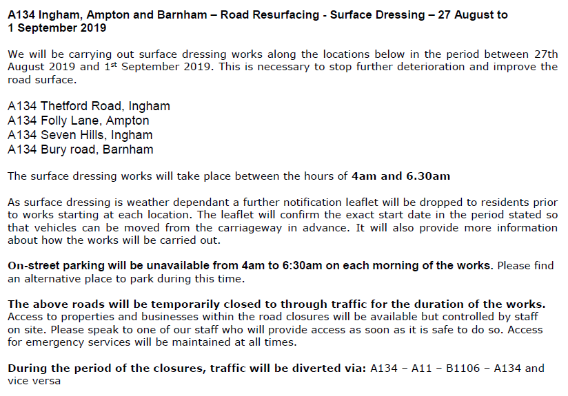 Suff_highways's tweet photo. Surface dressing will be taking place along various roads in #Ingham, #Ampton and #Barnham between 27 August and 1 September 2019. Please see below for full details of the works. #Suffolk https://t.co/jMwVEJqSwL